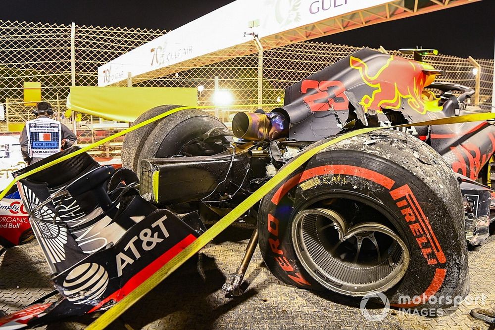 The damage to the rear of Alex Albon's Red Bull Racing RB16