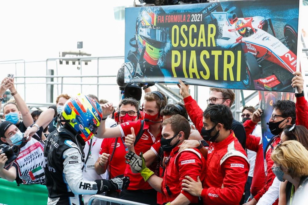 Oscar Piastri, Prema Racing celebrates winning the title in parc ferme