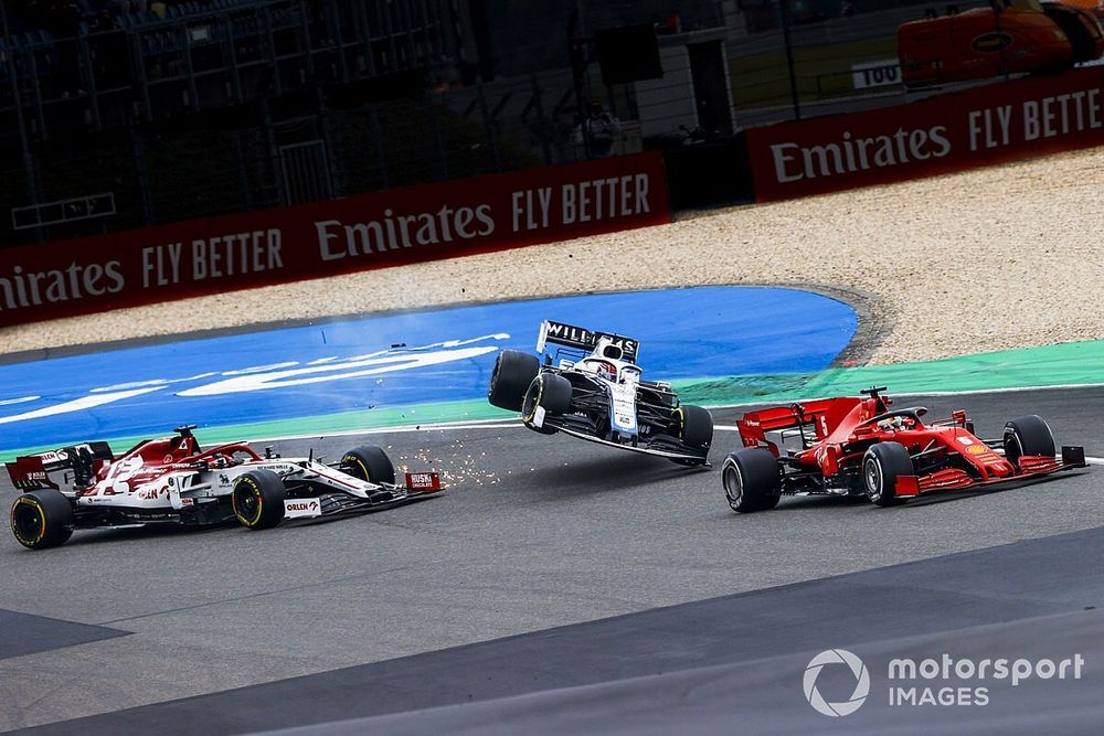 Sebastian Vettel, Ferrari SF1000 with Kimi Raikkonen, Alfa Romeo Racing C39 and George Russell, Williams FW43 crashing 