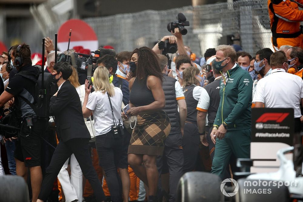 Tennis star Serena Williams joins the celebrations after the race