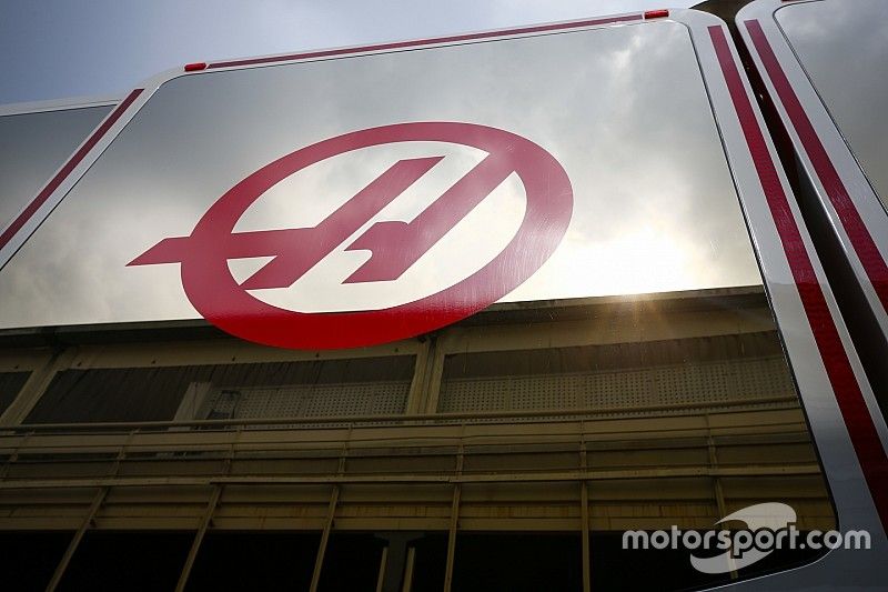 A Haas logo on the team's hospitality area