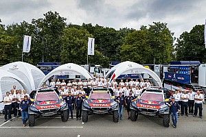 The starting pistol fires for Peugeot and Kamaz at Silk Way Rally