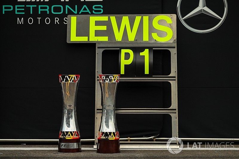 The trophies of race winner Lewis Hamilton, Mercedes AMG F1