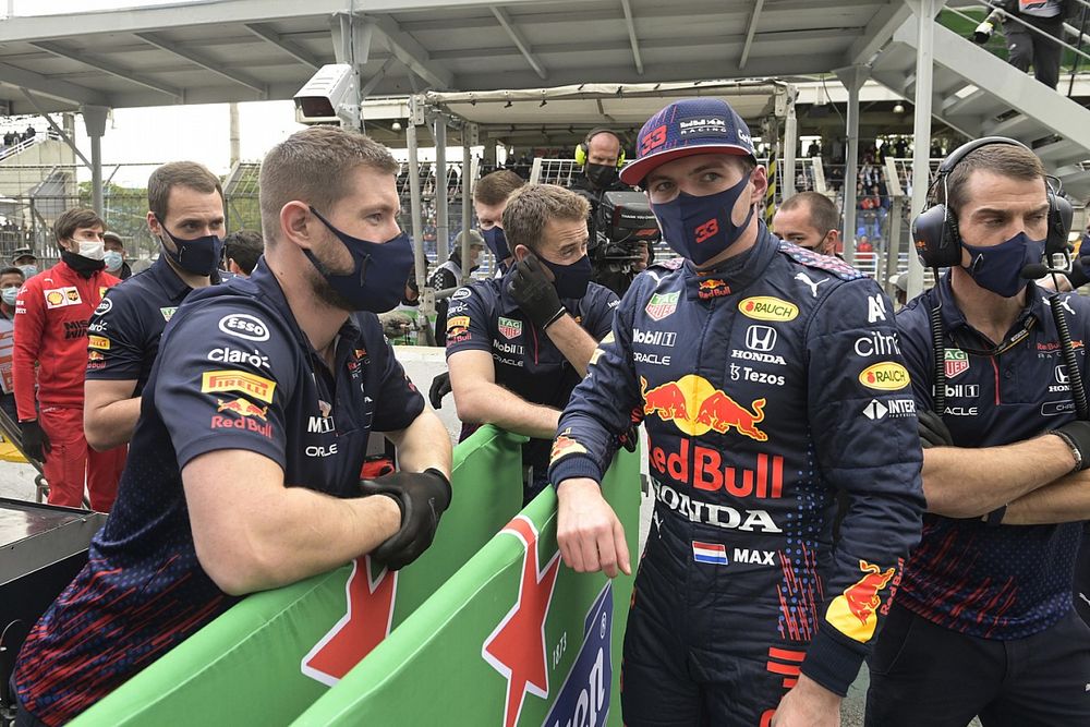 Max Verstappen, Red Bull Racing, with team mates in Parc Ferme after Qualifying