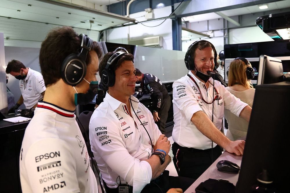 Toto Wolff, Team Principal and CEO, Mercedes AMG, watches the monitors