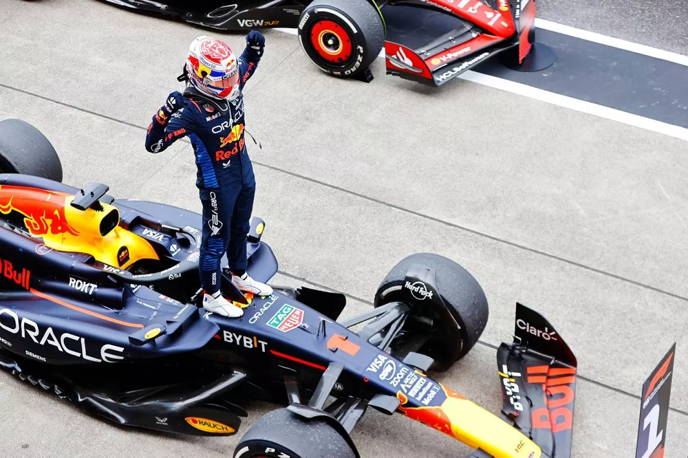 Max Verstappen, Red Bull Racing, 1st position, celebrates in Parc Ferme 