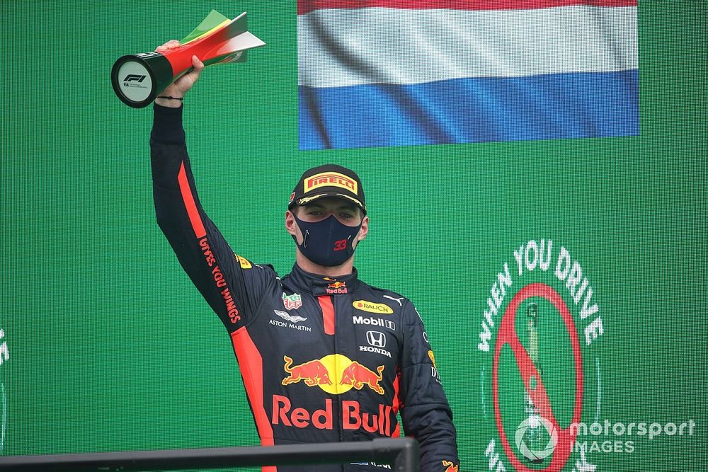 Max Verstappen, Red Bull Racing, 3rd position, with his trophy