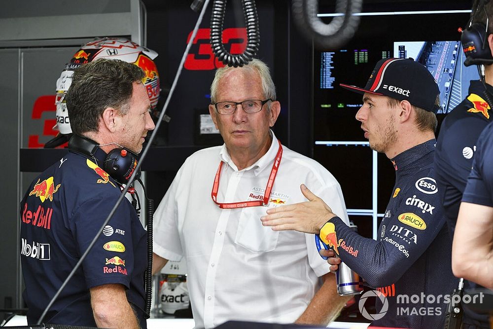 Christian Horner, Team Principal, Red Bull Racing, Helmut Marko, Consultant, Red Bull Racing, and Max Verstappen, Red Bull Racing