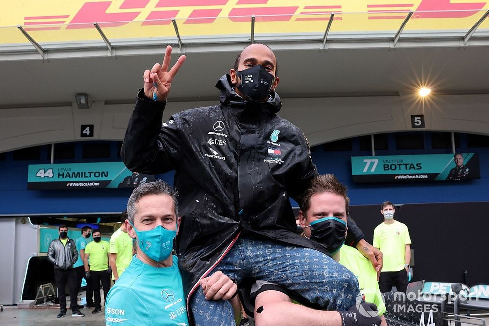 Lewis Hamilton, Mercedes-AMG F1, celebrates after securing his 7th world championship title