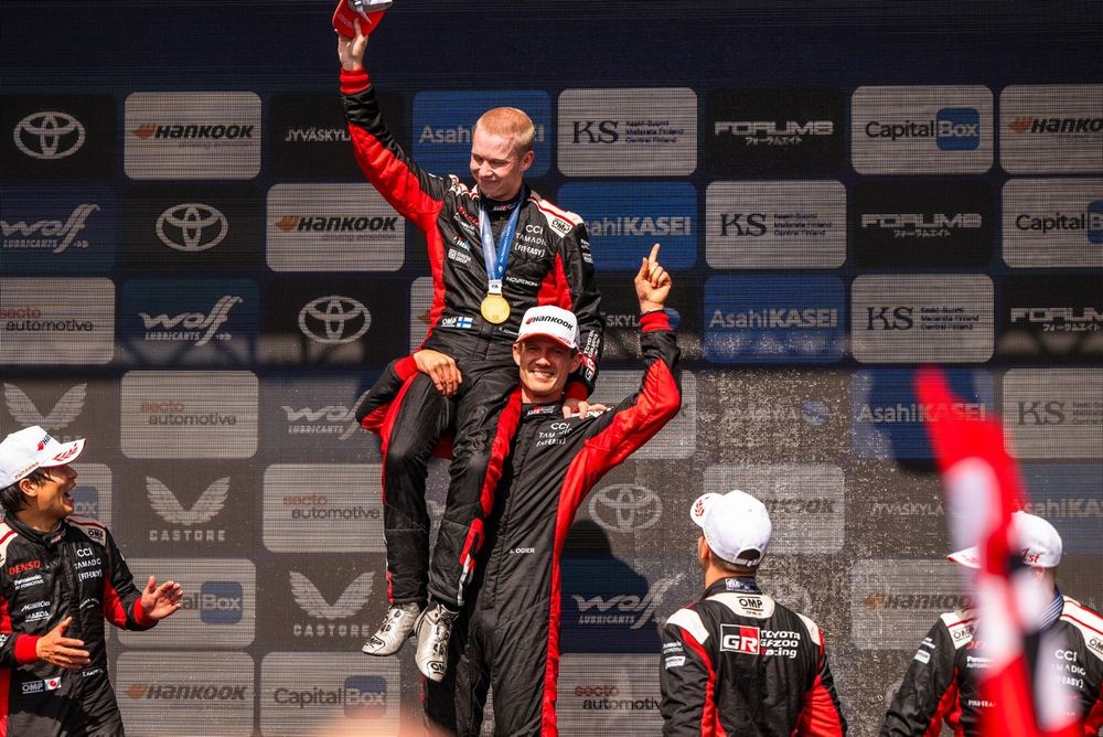 Podium: Winner Kalle Rovanper&auml;, Toyota Gazoo Racing WRT, third place S&eacute;bastien Ogier, Toyota Gazoo Racing WRT