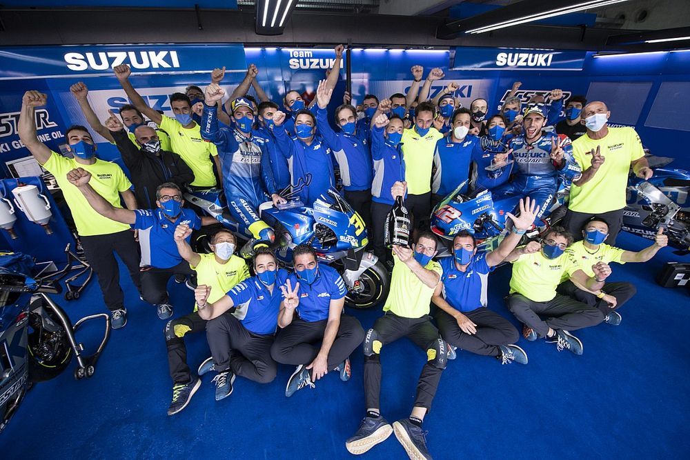 Joan Mir, Alex Rins and Team Suzuki MotoGP celebrate their victory