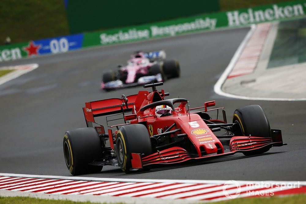 Sebastian Vettel, Ferrari SF1000, leads Sergio Perez, Racing Point RP20