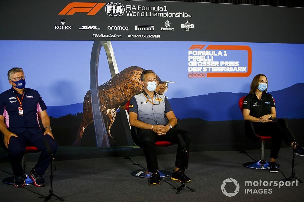 Otmar Szafnauer, Team Principal and CEO, Racing Point, Mario Isola, Racing Manager, Pirelli Motorsport and Claire Williams, Deputy Team Principal, Williams Racing in the press conference 