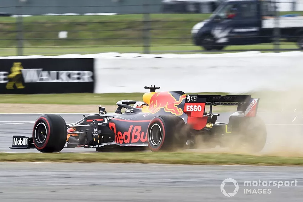 Max Verstappen, Red Bull Racing RB15, takes to the grass