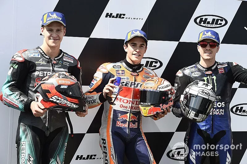 Polesitter Marc Marquez, Repsol Honda Team, second place Fabio Quartararo, Petronas Yamaha SRT, third place Maverick Vinales, Yamaha Factory Racing