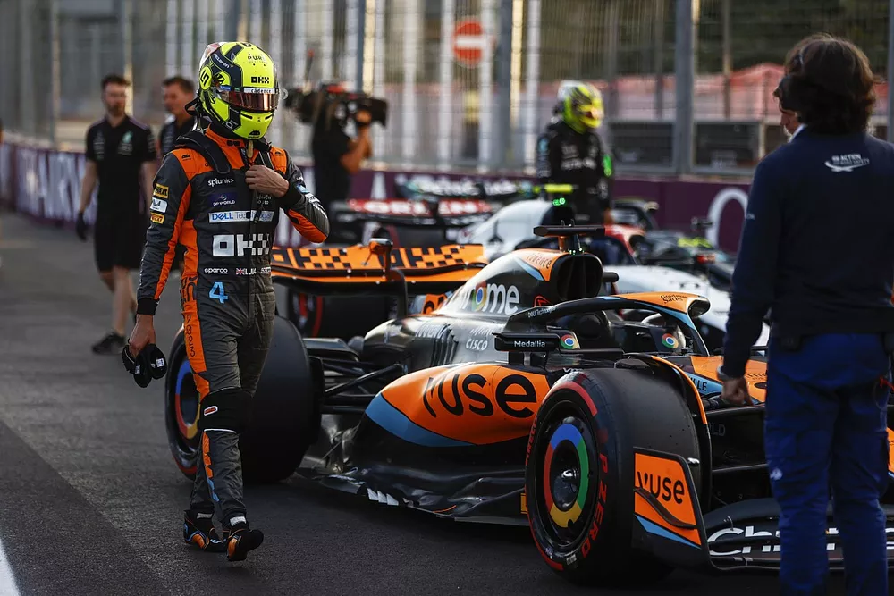 Lando Norris, McLaren, in Parc Ferme after Qualifying