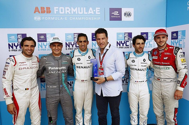 Jérôme d'Ambrosio, Dragon Racing, Mitch Evans, Jaguar Racing, Sébastien Buemi, Renault e.Dams, Nicolas Prost, Renault e.Dams, Daniel Abt, Audi Sport ABT Schaeffler, celebrate with the Pole Position award after qualifying