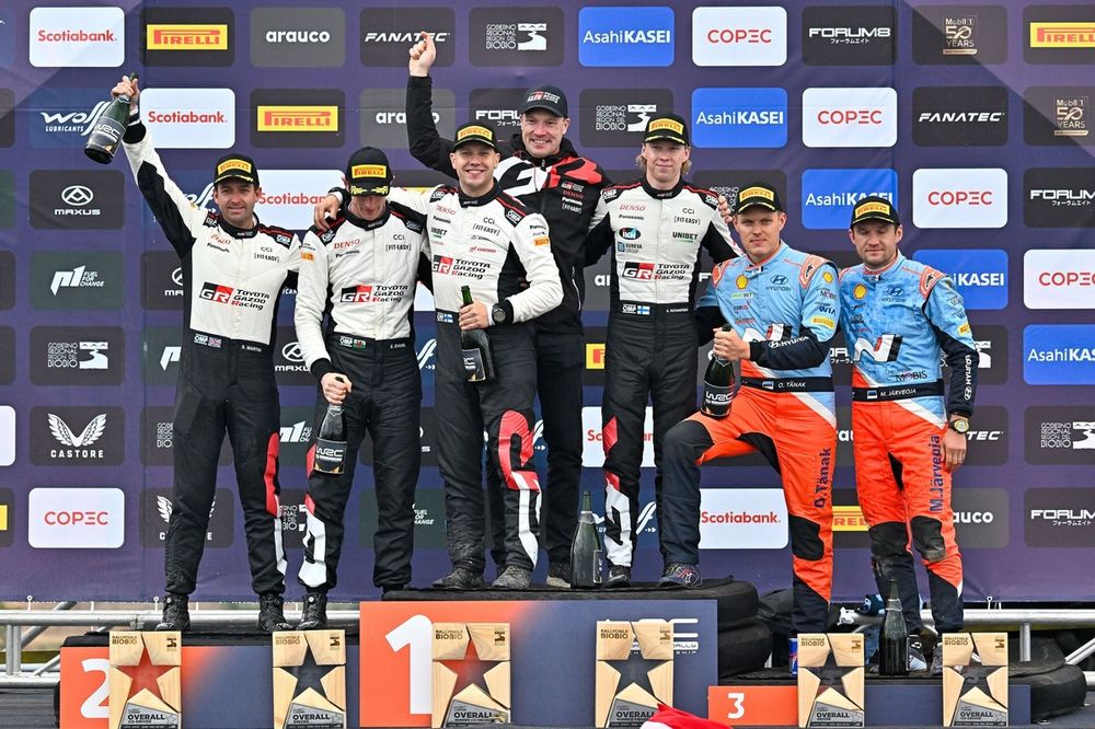 Podium: Winners Kalle Rovanper&auml;, Jonne Halttunen, Toyota Gazoo Racing WRT Toyota GR Yaris Rally1, second place Elfyn Evans, Scott Martin, Toyota Gazoo Racing WRT Toyota GR Yaris Rally1, third place Ott T&auml;nak, Martin J&auml;rveoja, Hyundai World Rally Team Hyundai i20 N Rally1
