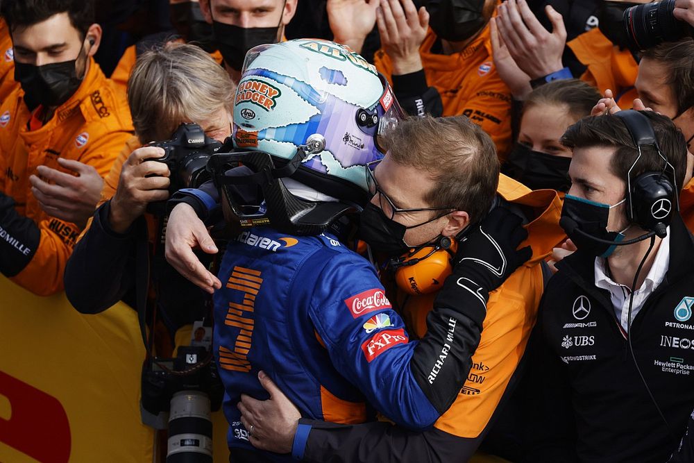 Daniel Ricciardo, McLaren, celebrates with his team in Parc Ferme