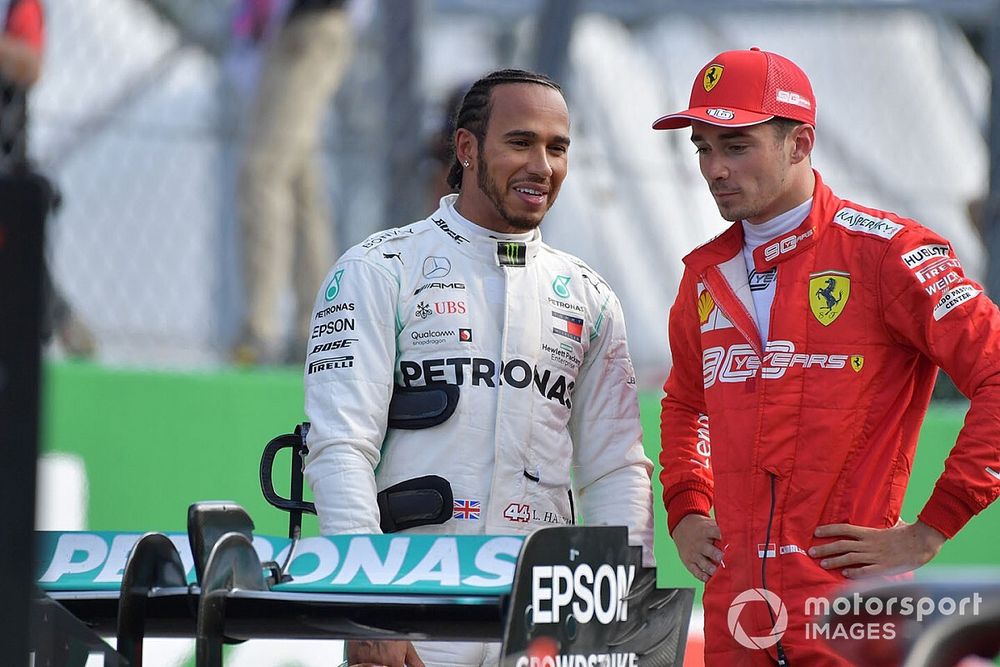 Pole Sitter Charles Leclerc, Ferrari and Lewis Hamilton, Mercedes AMG F1 in Parc Ferme 