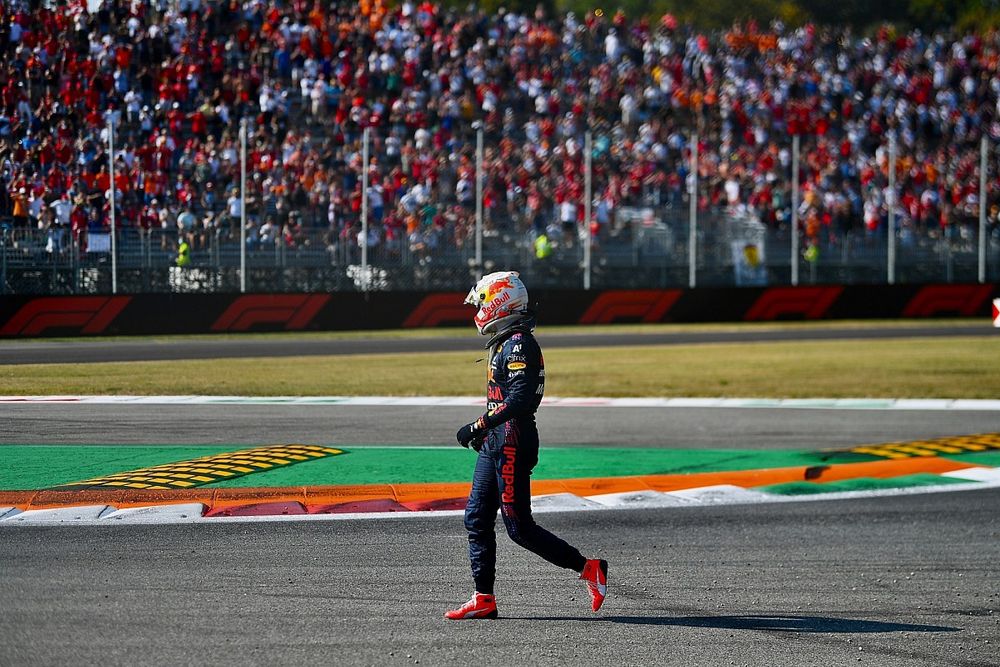 Max Verstappen, Red Bull Racing, walks away from his damaged car