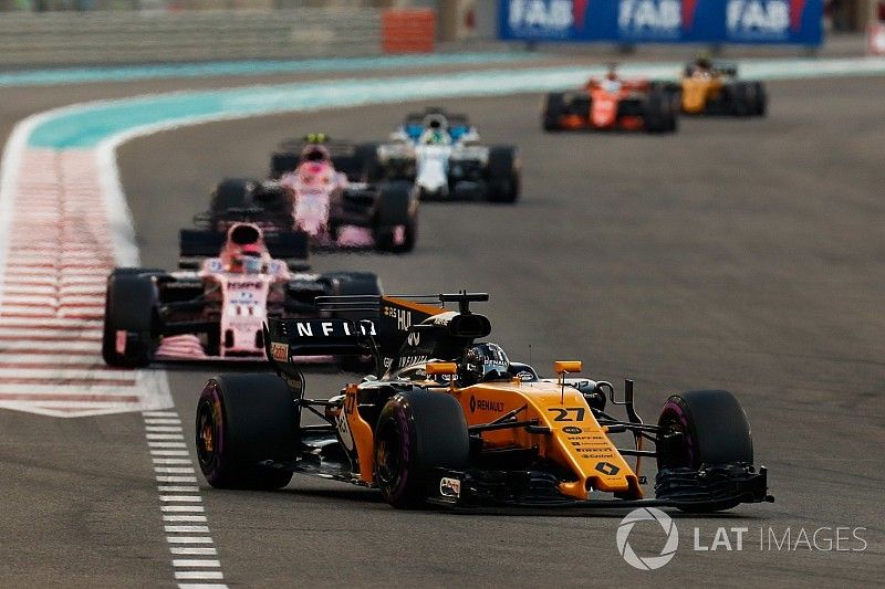 Nico Hulkenberg, Renault Sport F1 Team RS17, Esteban Ocon, Sahara Force India F1 VJM10, Sergio Perez, Sahara Force India F1 VJM10, Felipe Massa, Williams FW40