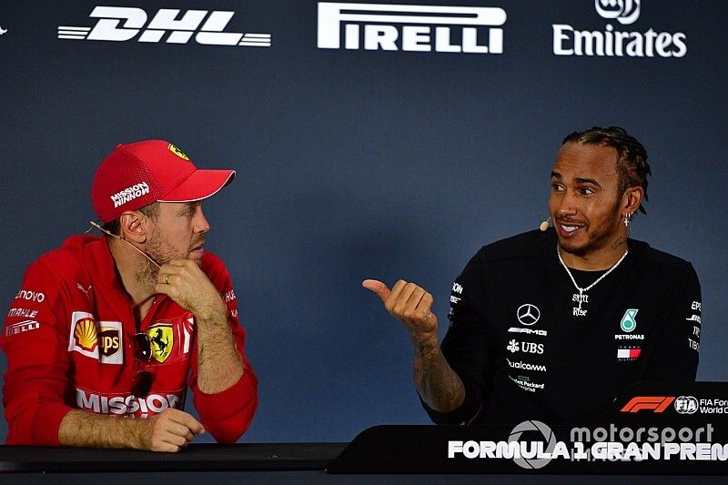 Sebastian Vettel, Ferrari, 2nd position, and Lewis Hamilton, Mercedes AMG F1, 1st position, in the Press Conference