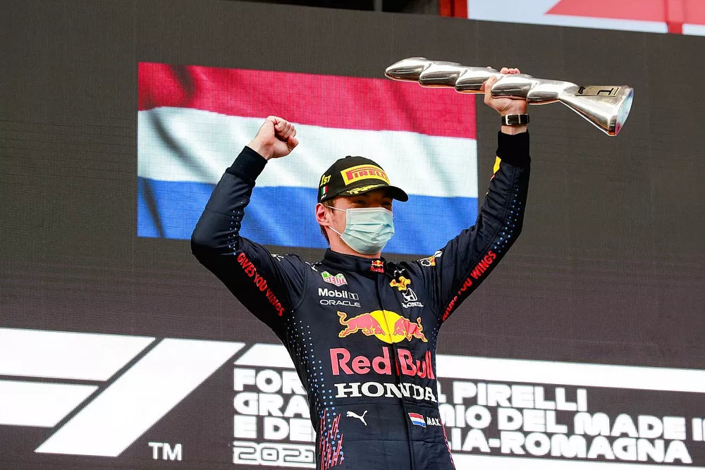 Max Verstappen, Red Bull Racing, 1st position, with his trophy