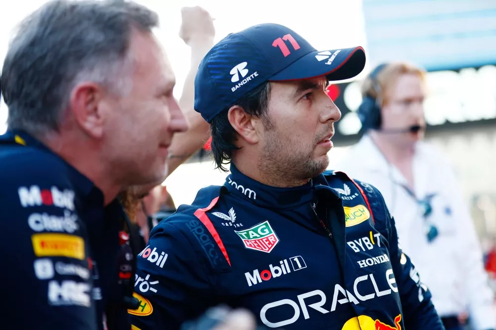 Sergio Perez, Red Bull Racing2st and Christian Horner, Team Principal, Red Bull Racing, after the Sprint race