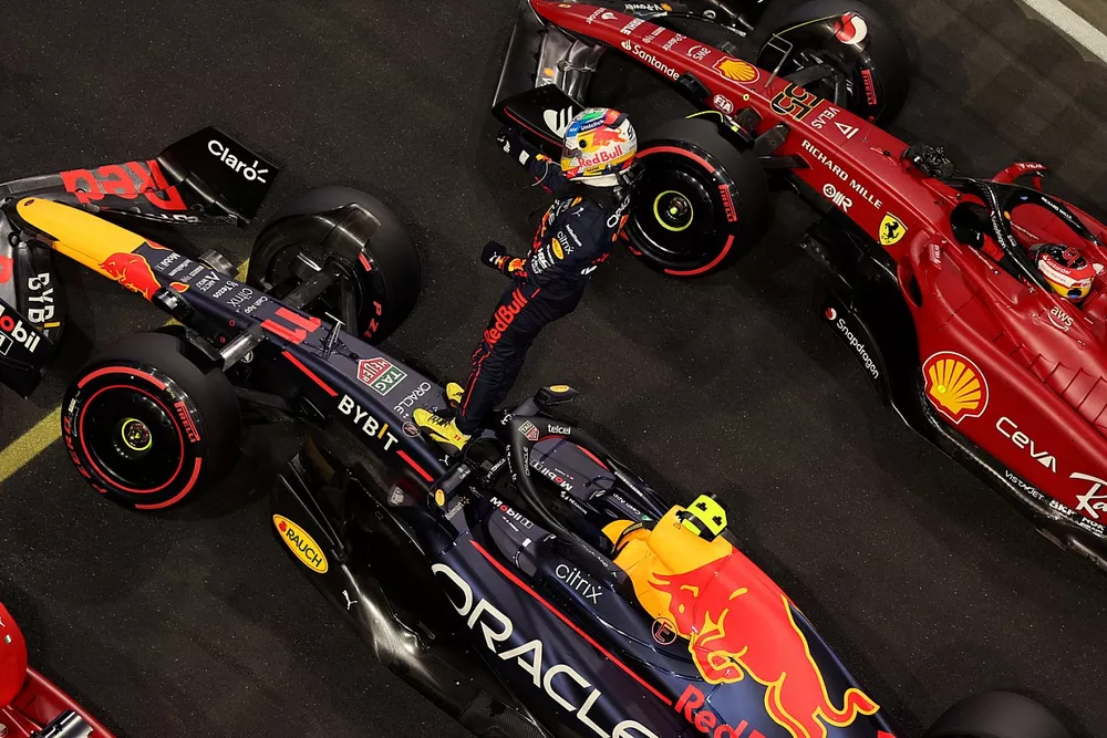 Pole man Sergio Perez, Red Bull Racing, celebrates in Parc Ferme