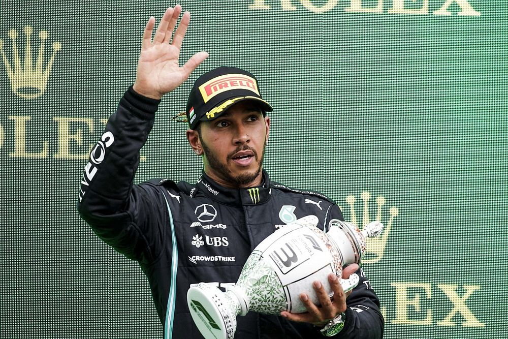 Lewis Hamilton, Mercedes, 3rd position, with his trophy