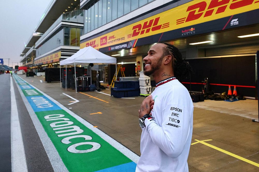 Lewis Hamilton, Mercedes, 1st position, waves to fans after the race