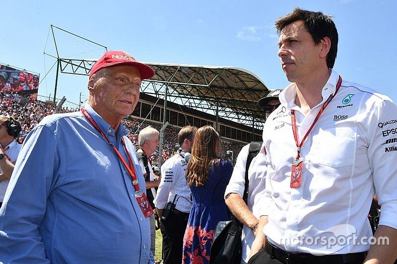 Niki Lauda, Mercedes AMG F1 W08 Non-Executive Chairman and Toto Wolff, Mercedes AMG F1 W08 Director of Motorsport on the grid