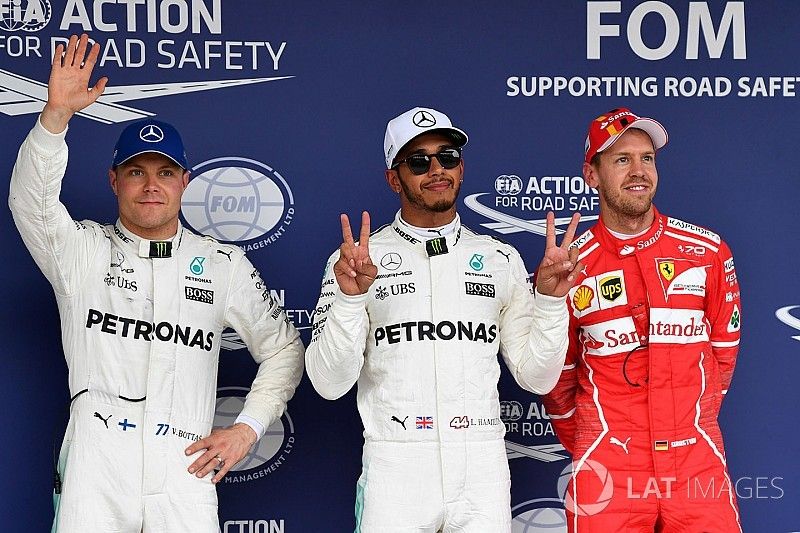 Polesitter Lewis Hamilton, Mercedes AMG F1, tweede Valtteri Bottas, Mercedes AMG F1, derde Sebastian