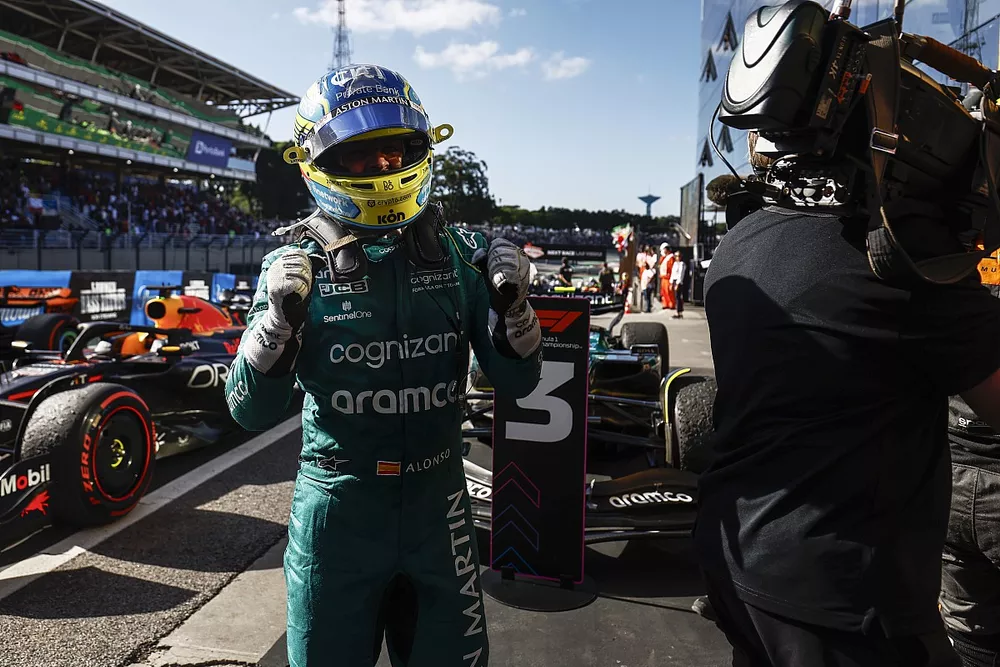 Fernando Alonso, Aston Martin F1 Team, 3rd position, celebrates on arrival in Parc Ferme