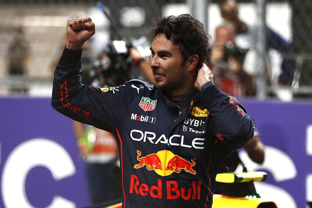 Pole man Sergio Perez, Red Bull Racing, celebrates