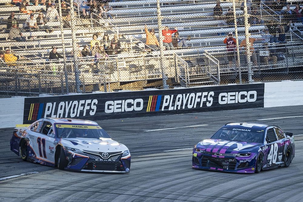 Denny Hamlin, Joe Gibbs Racing, Toyota Camry FedEx Ground confronts race winner Alex Bowman, Hendrick Motorsports, Chevrolet Camaro Ally after the checkered flag