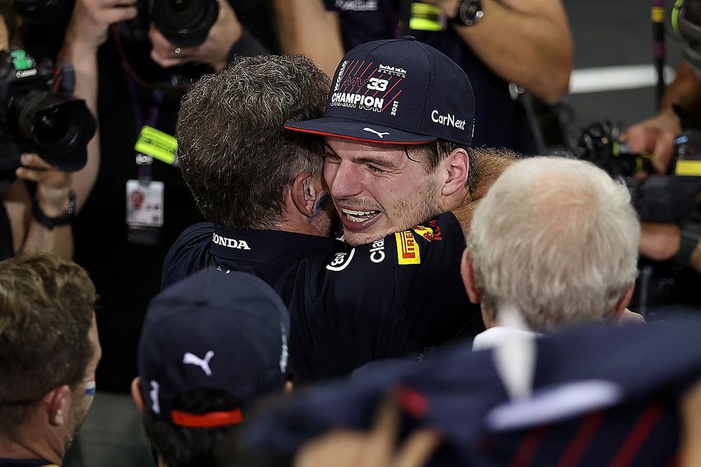 Race winner and 2021 F1 World Drivers Champion Max Verstappen, Red Bull Racing celebrates with Red Bull Racing Team Principal Christian Horner