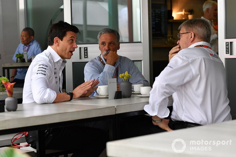 Toto Wolff, Mercedes AMG F1 Director of Motorsport, Chase Carey, Chief Executive Officer and Executive Chairman of the Formula One Group and Ross Brawn, Formula One Managing Director of Motorsports 