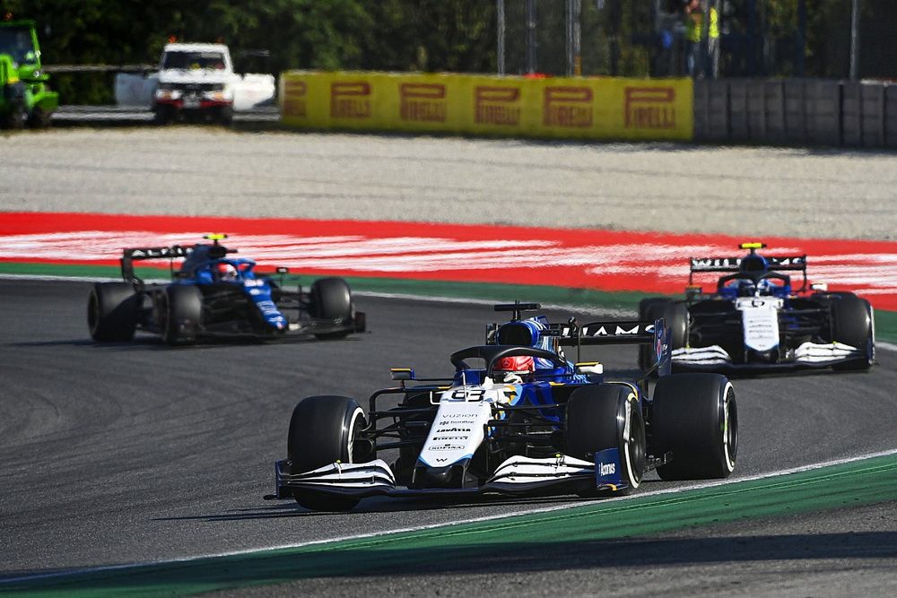 George Russell, Williams FW43B, Nicholas Latifi, Williams FW43B, and Esteban Ocon, Alpine A521