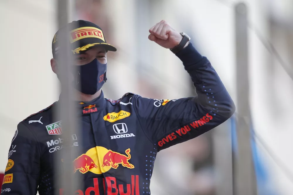 Max Verstappen, Red Bull Racing, 1st position, arrives on the podium