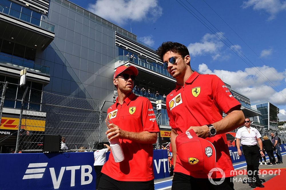 Sebastian Vettel, Ferrari, and Charles Leclerc, Ferrari, in the drivers parade