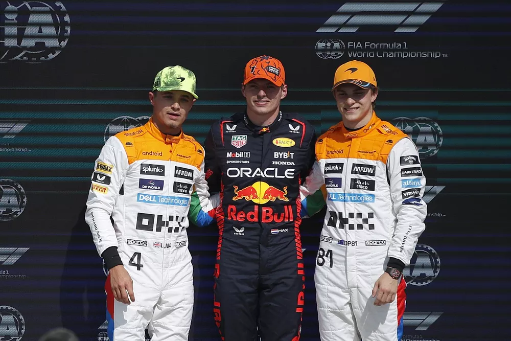 Top three qualifiers Lando Norris, McLaren, pole man Max Verstappen, Red Bull Racing, Oscar Piastri, McLaren