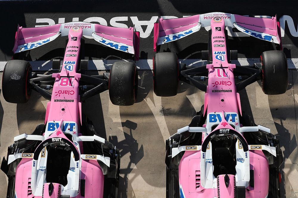 The cars of Lance Stroll, Racing Point RP20, and Sergio Perez, Racing Point RP20, in Parc Ferme after Qualifying