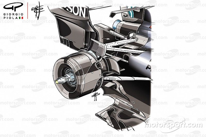 Suspensión trasera del Mercedes AMG F1 W09, vista frontal