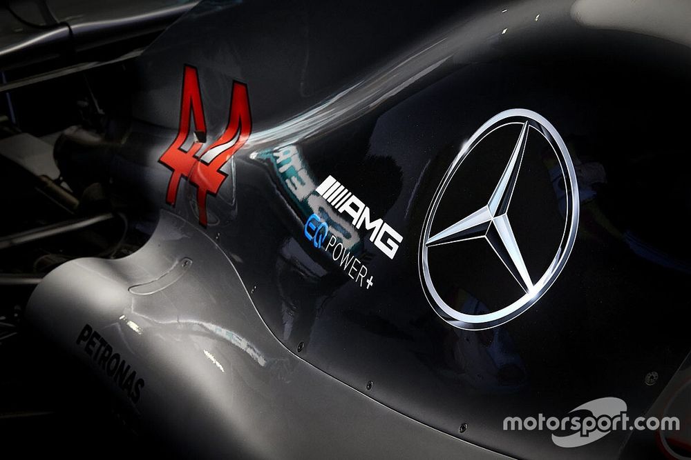 Engine cover detail of the Lewis Hamilton, Mercedes AMG F1 W09, including AMG Mercedes logo and branding