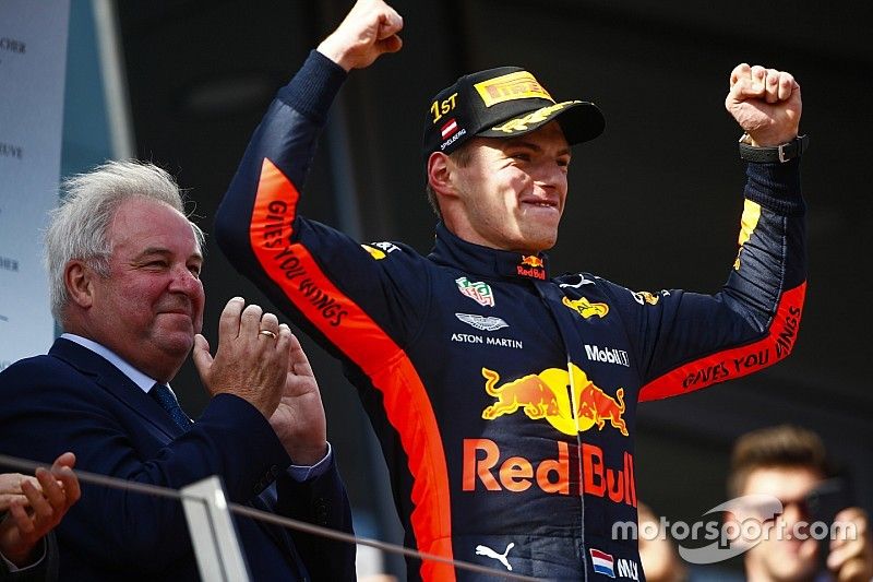 Max Verstappen, Red Bull Racing, 1st position, celebrates on the podium