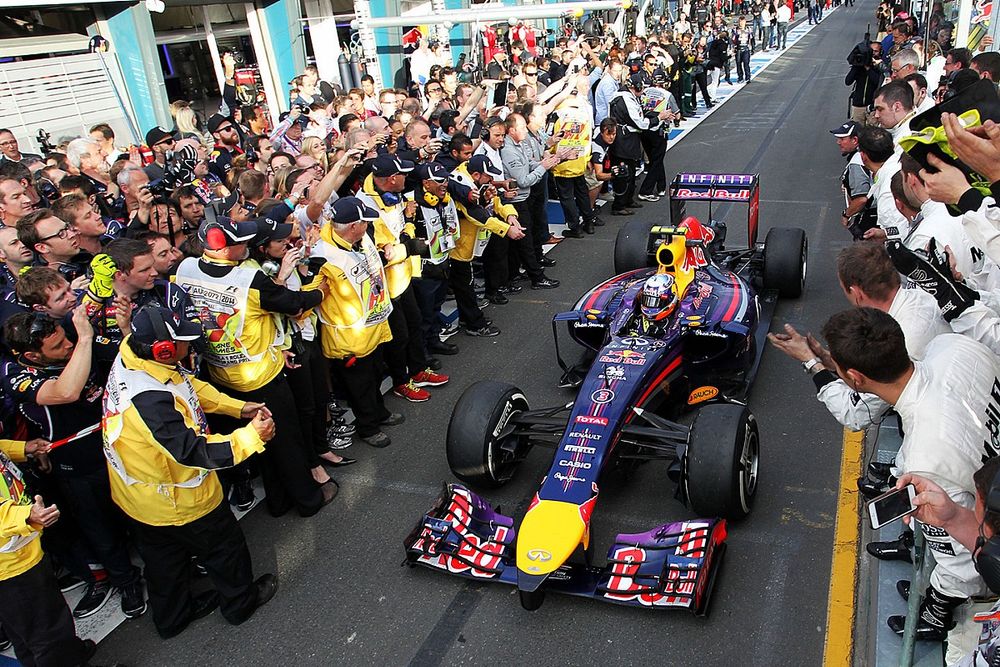 Second placed Daniel Ricciardo, Red Bull Racing RB10 celebrates as he enters parc ferme