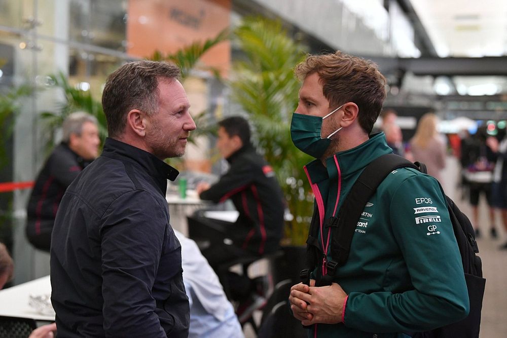 Sebastian Vettel, Aston Martin and Christian Horner, Team Principal, Red Bull Racing 