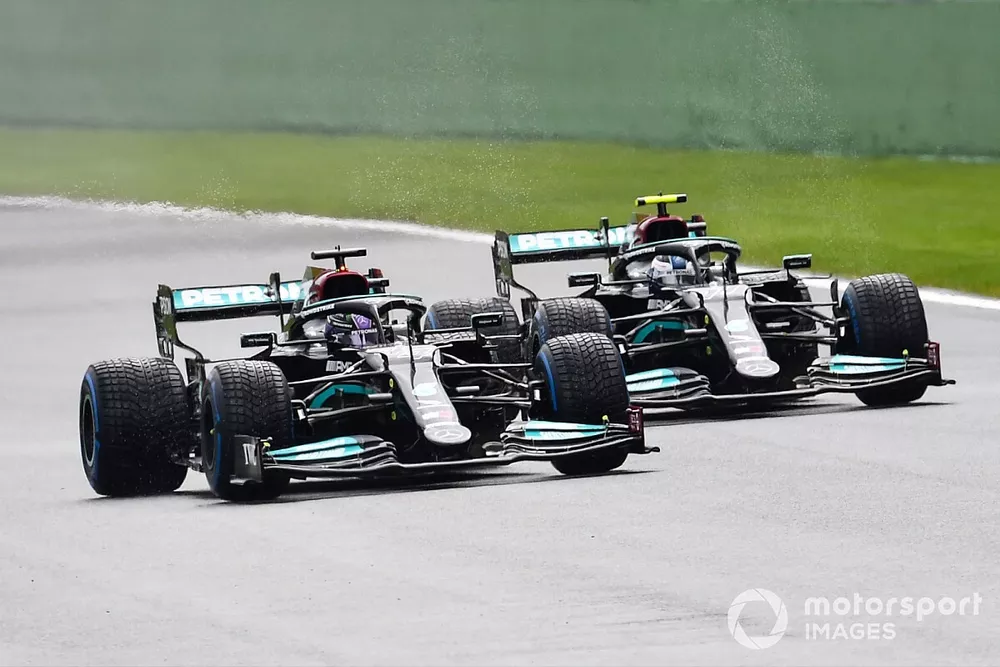 Pierre Gasly, AlphaTauri AT02, Lewis Hamilton, Mercedes W12, and Valtteri Bottas, Mercedes W12